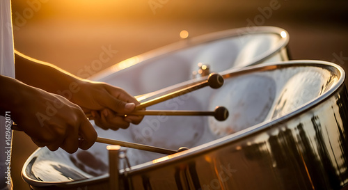 Close up of a musician's hands playing the steelpan drums with mallets during a beautiful golden hour sunset.