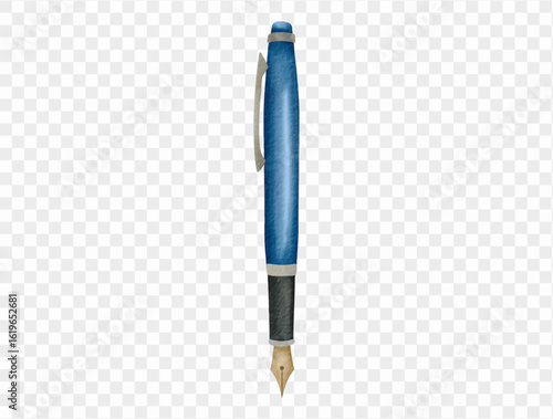 Blue watercolor fountain pen in school theme. Vector.