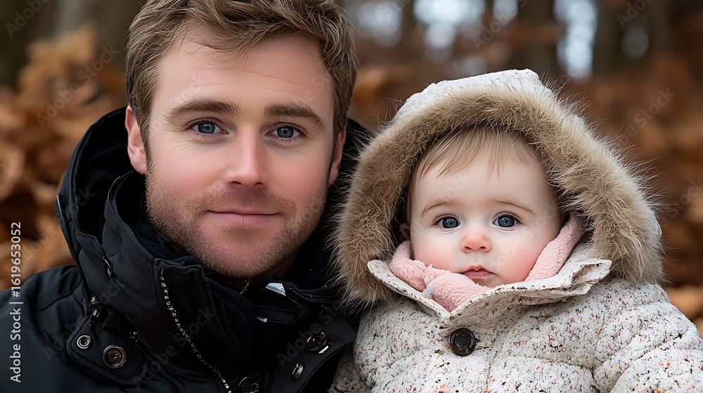 Obraz premium A father and daughter, close portrait, in winter attire.