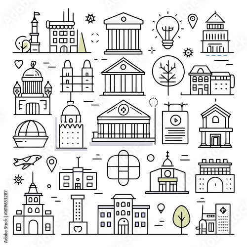 Urban & Civic Building Icon Pack
50 Minimalist Line Vectors of Public and Private Structures
Perfect for Maps, UI Design, and Real Estate Platforms