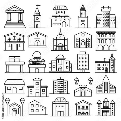 Urban & Civic Building Icon Pack
50 Minimalist Line Vectors of Public and Private Structures
Perfect for Maps, UI Design, and Real Estate Platforms