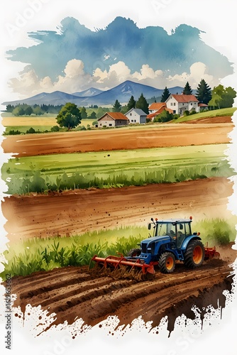 Tractor plowing the soil in watercolor style