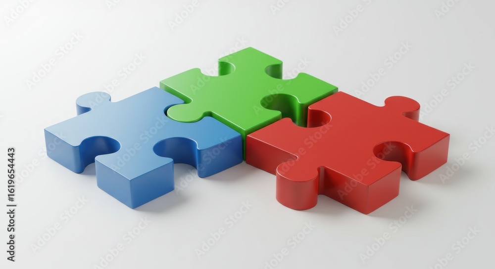 Fototapeta premium Three colorful puzzle pieces, blue, green, and red, interlocked, lie on a white surface