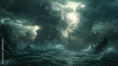 Dramatic stormy sea with jagged rocks and intense lightning.