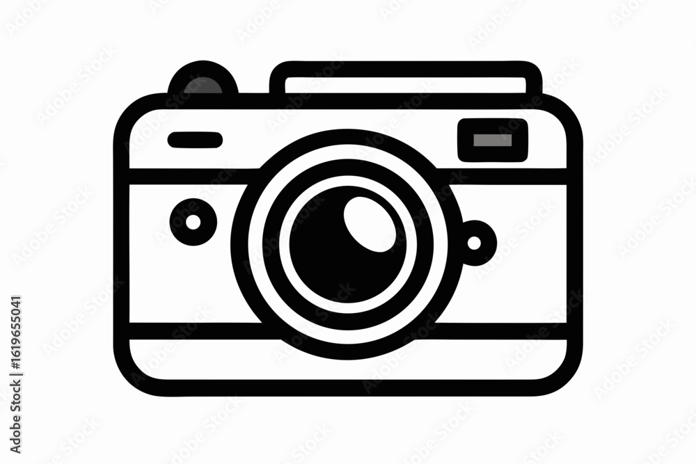 Simple black and white illustration of a modern digital camera with a prominent lens Simple black and white illustration of a modern digital camera with a prominent lens