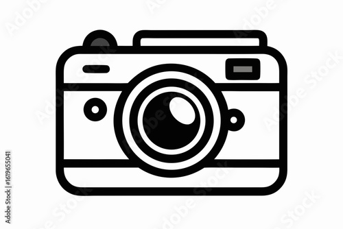 Simple black and white illustration of a modern digital camera with a prominent lens