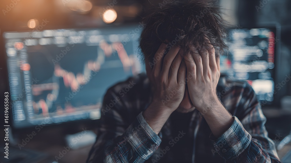 Man with hands covering face in despair watching stock market crash on screen Man with hands covering face in despair watching stock market crash on screen