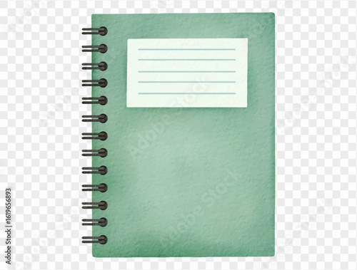 Watercolor green spiral notebook for school. Vector.