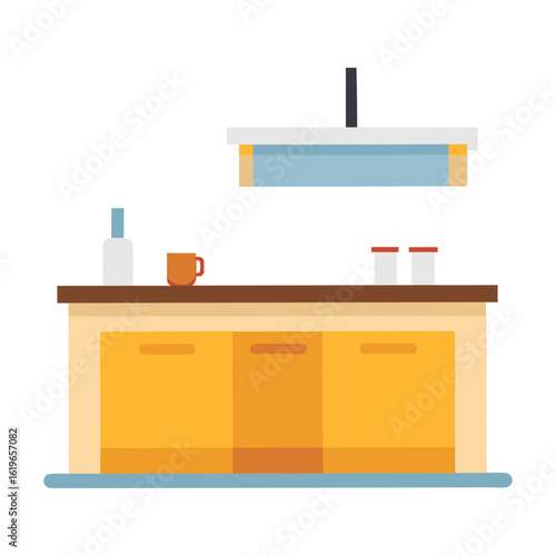 Kitchen counter with orange cabinets and white background