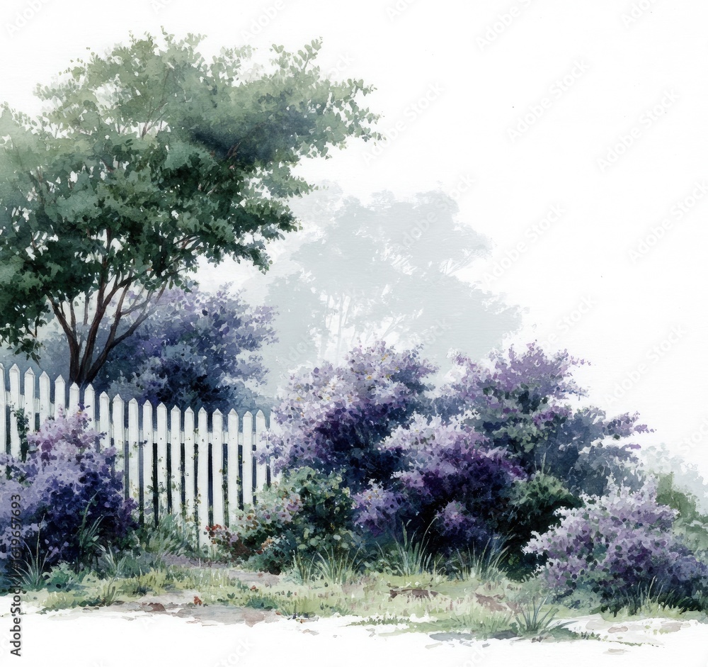 Fototapeta premium Watercolor landscape scene with white picket fence and purple bushes. Lush greenery and misty ambiance