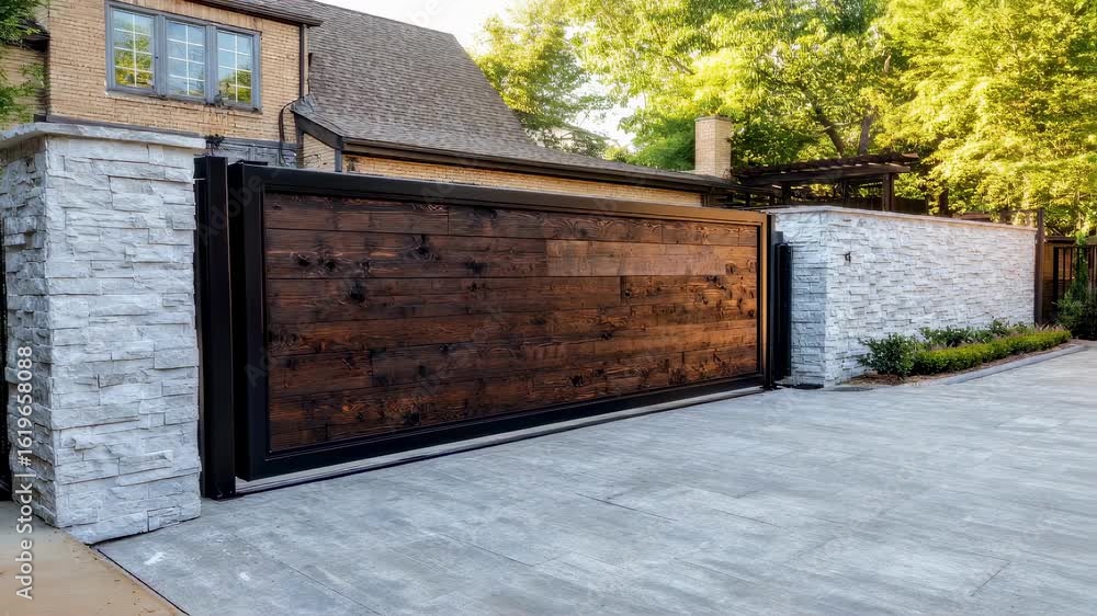 Dark oak planks form a stylish electric sliding gate perfectly juxtaposed with a textured light gray stone wall illustrating the fusion of natureinspired materials and contemporary Dark oak planks form a stylish electric sliding gate perfectly juxtaposed with a textured light gray stone wall illustrating the fusion of natureinspired materials and contemporary