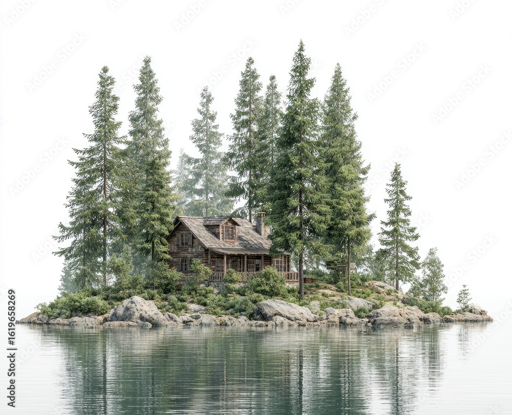Fototapeta premium Wooden cabin on secluded island, surrounded by pine trees
