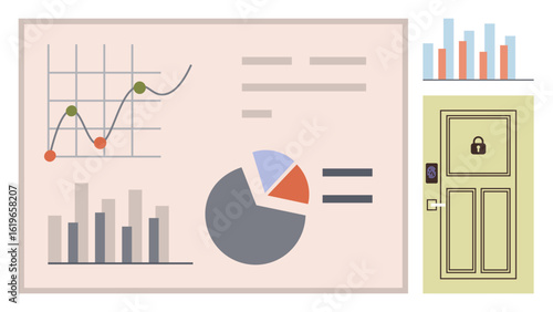 Graphs, bar chart, pie chart, line chart, and locked door with digital keypad. Ideal for data analytics, security, information access, statistics business infographics simple flat metaphor