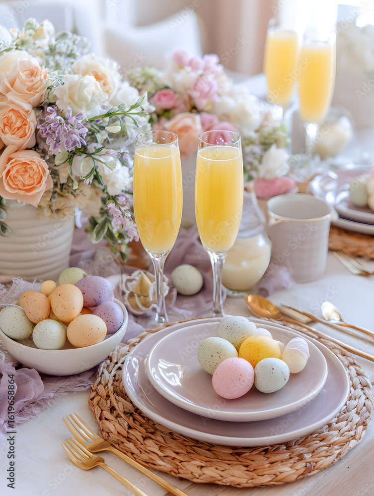 Pastel Easter Brunch Table Setting with Mimosas and Eggs Pastel Easter Brunch Table Setting with Mimosas and Eggs