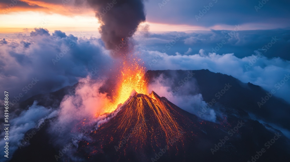 Fototapeta premium Erupting Volcano at Dusk: Fiery Lava Flows Amidst Clouds and Dramatic Sky