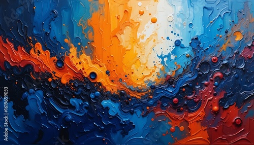 Abstract Impasto Painting of Vibrant Orange, Blue, and Red Swirls