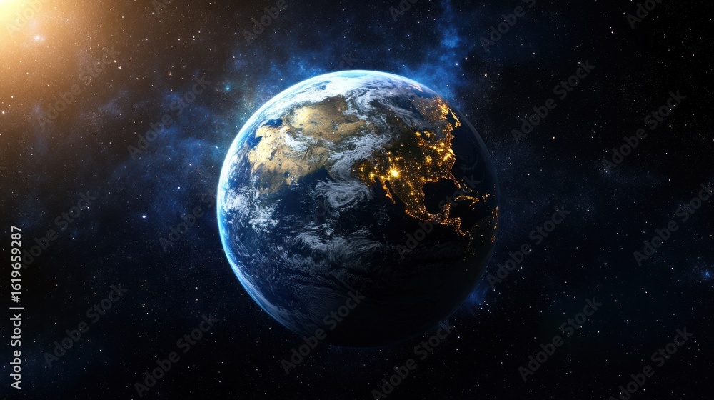 Fototapeta premium Earth seen from space, shining brightly against a starry backdrop.