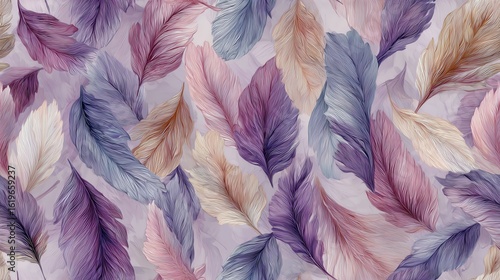 Seamless Colorful, artistic feathers arranged beautifully on textured background.