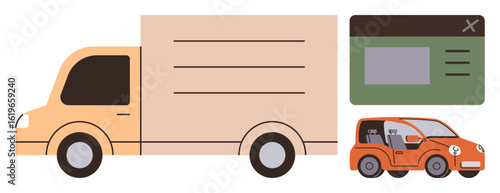 Orange delivery truck, compact car with visible interior, and browser interface. Ideal for logistics, transport, technology, e-commerce, urban mobility, delivery services simple flat metaphor