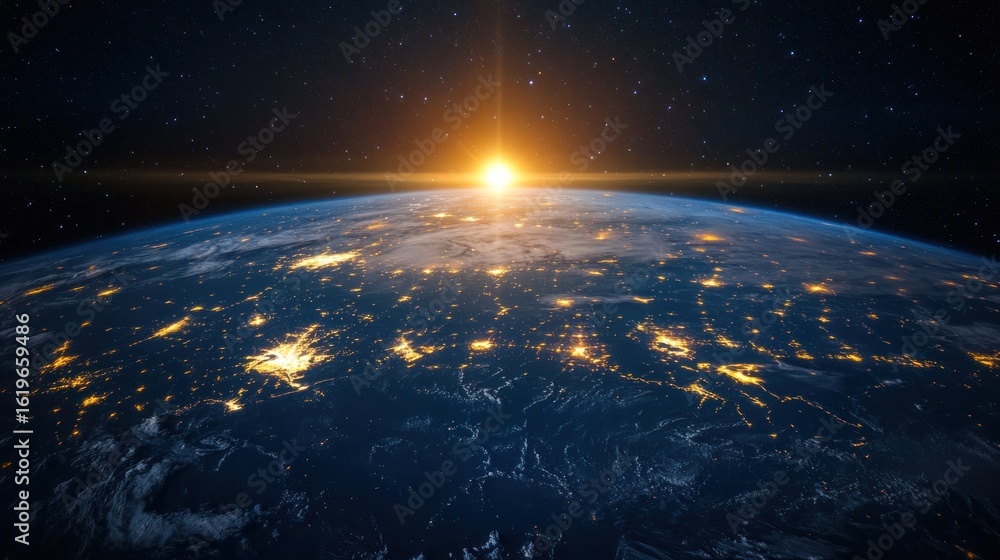 Obraz premium Earth seen from space with a sunrise, showing city lights.