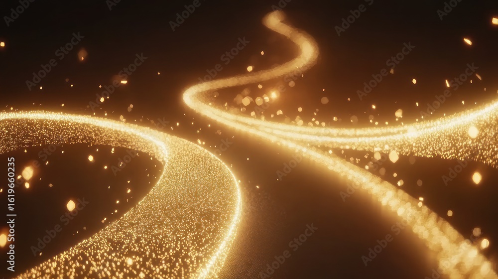 Obraz premium Golden Particle Stream: Abstract Winding Path of Light and Sparkle on Dark Background