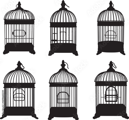 Collection of vintage bird cages in silhouette style