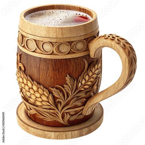 Wooden beer stein with frothy brew, carved with wheat and leaf decorations