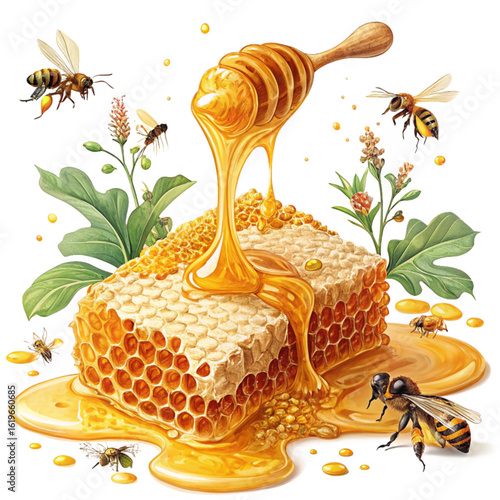 Delicious honey dripping from dipper onto honeycomb with buzzing bees around