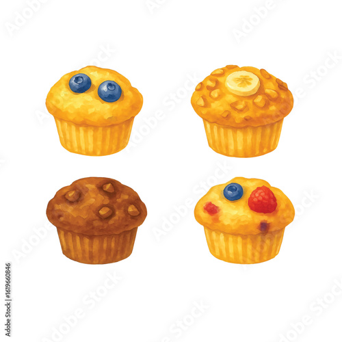 American Dessert Watercolor Bundle #1—Blueberry Muffin, Banana Nut Muffin, Chocolate Muffin, Berries Muffin. Watercolor Illustration. Design Element. Clip art. Suitable for artwork design.