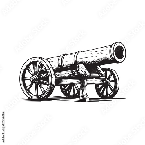 retro cannon engraving black and white outline