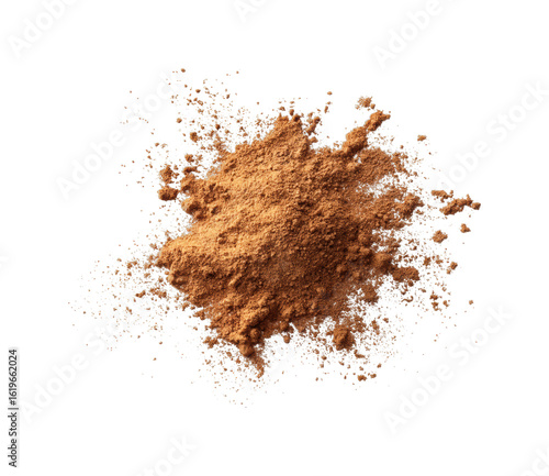 Ground cinnamon powder spill on white surface in kitchen natural food ingredient concept isolated on transparent background, png