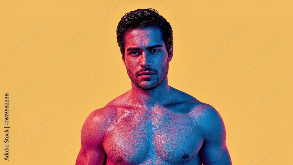 Fototapeta premium Whole body deodorant. Muscular shirtless man with blue and red lightin