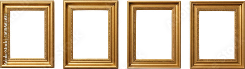 Four ornate gold picture frames arranged horizontally each with a black opening transparent background