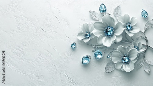 Elegant, light gray and baby blue flowers and crystals on a textured background.