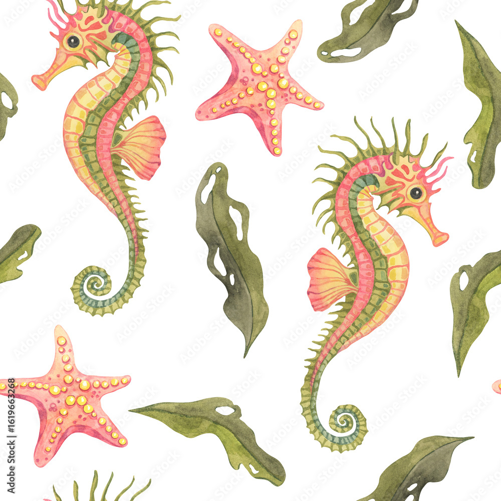 Fototapeta premium Bright coral sea stars, ribboning olive algae, and yellow-green seahorses fill this seamless watercolor clipart. Perfect for fabric, summer tablecloths, or notebook and planner covers