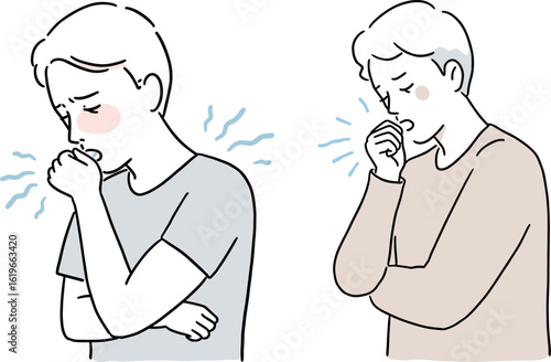 Young man coughing and feeling unwell in a hand-drawn style  