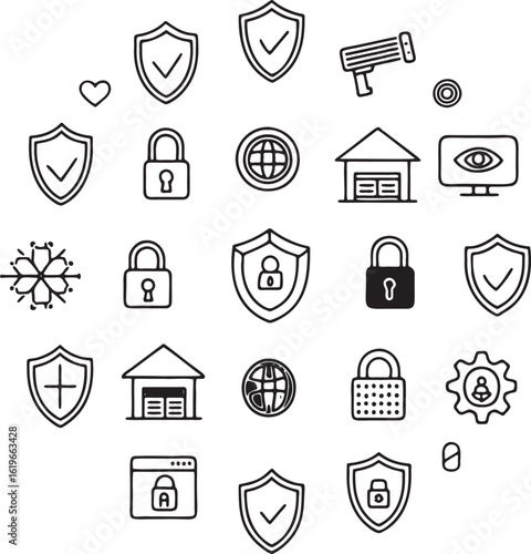 Security icons including shields locks and surveillance equipment padlock protection