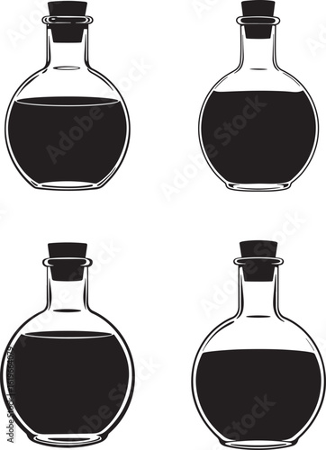 Four round glass bottles filled with dark liquid silhouette