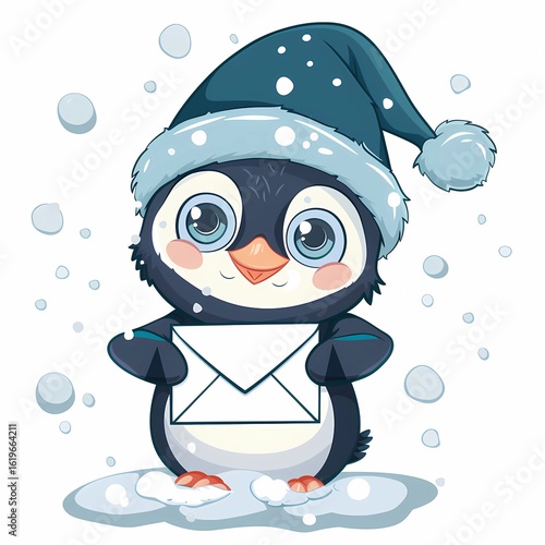chibi penguin wearing cap delivering winter letter, flat 4-color design, cute cartoon character, transparent.