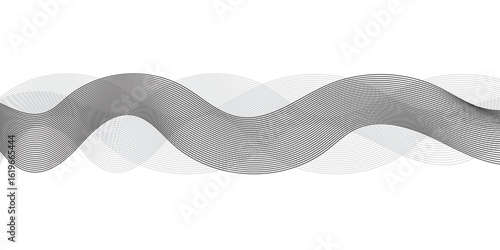 Elegant abstract black and white wave pattern with smooth flowing curves and transparent gradient layers. Minimalist motion background design for modern technology or creative digital art.