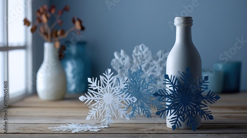 Winter Craft Table with Snowflake Cutouts and White Bottle. High quality