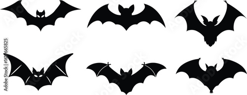 Set of flying Halloween bats and spooky icons in black silhouette style