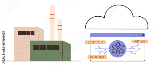 Factory with chimneys linked to a cloud screen displaying atomic science diagrams, numerical data. Ideal for energy, innovation, technology, cloud computing, research, sustainability, simple landing