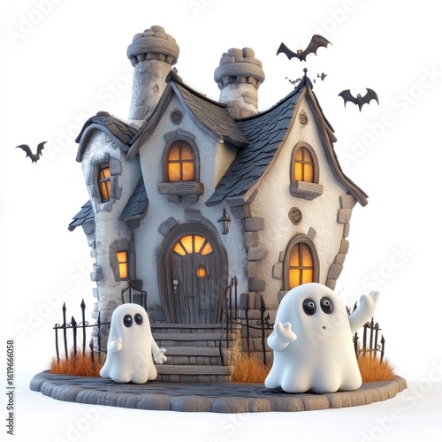Cute Halloween House with Friendly Ghosts: Spooky Season 3D Render