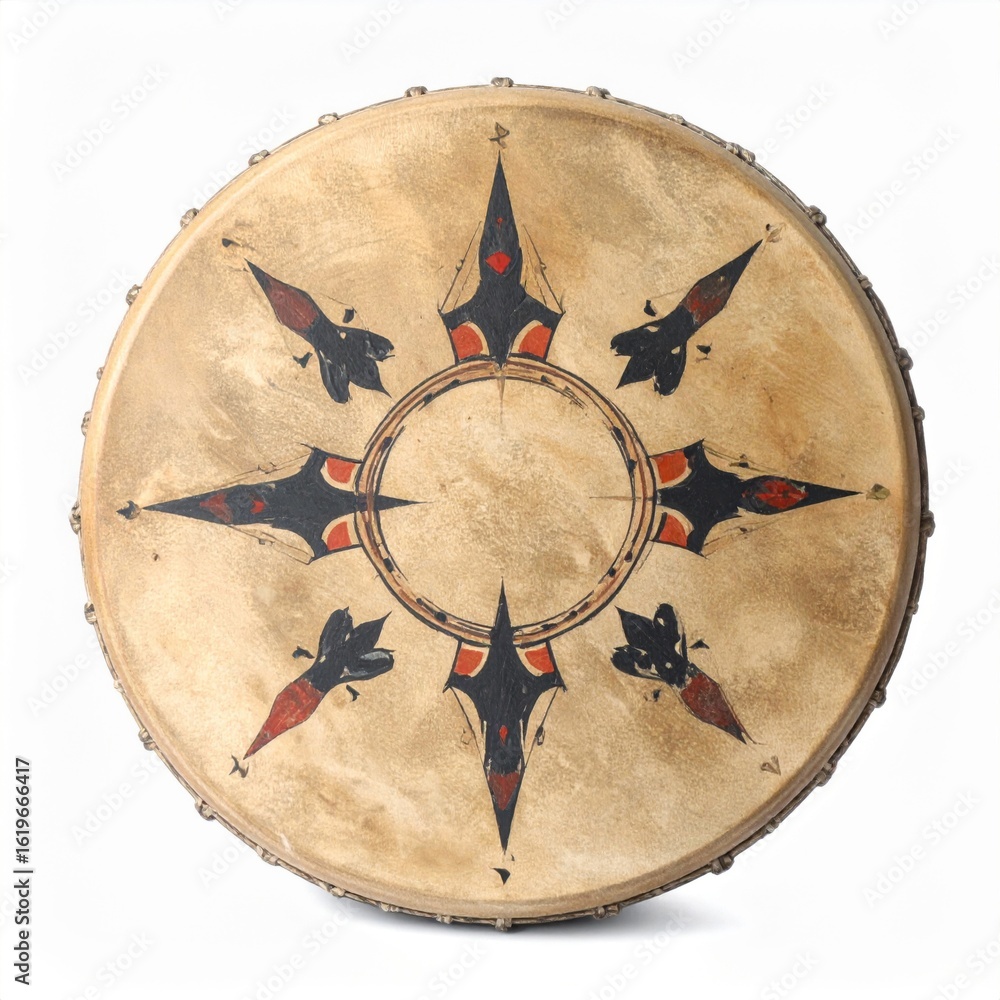 Naklejka premium Detailed Traditional Circular Hand Drum with Intricate Star Pattern on Beige Leather Surface