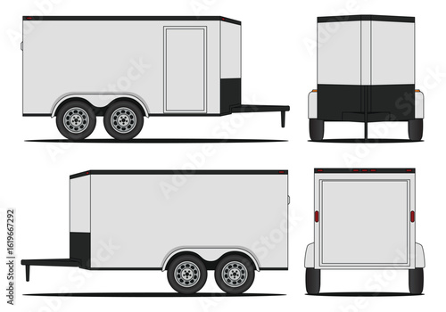 Food truck vector. Illustrations showcasing a white enclosed cargo trailer from different perspectives, including side, front, and rear views