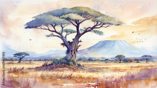 African landscape. Savana. Watercolor illustration
