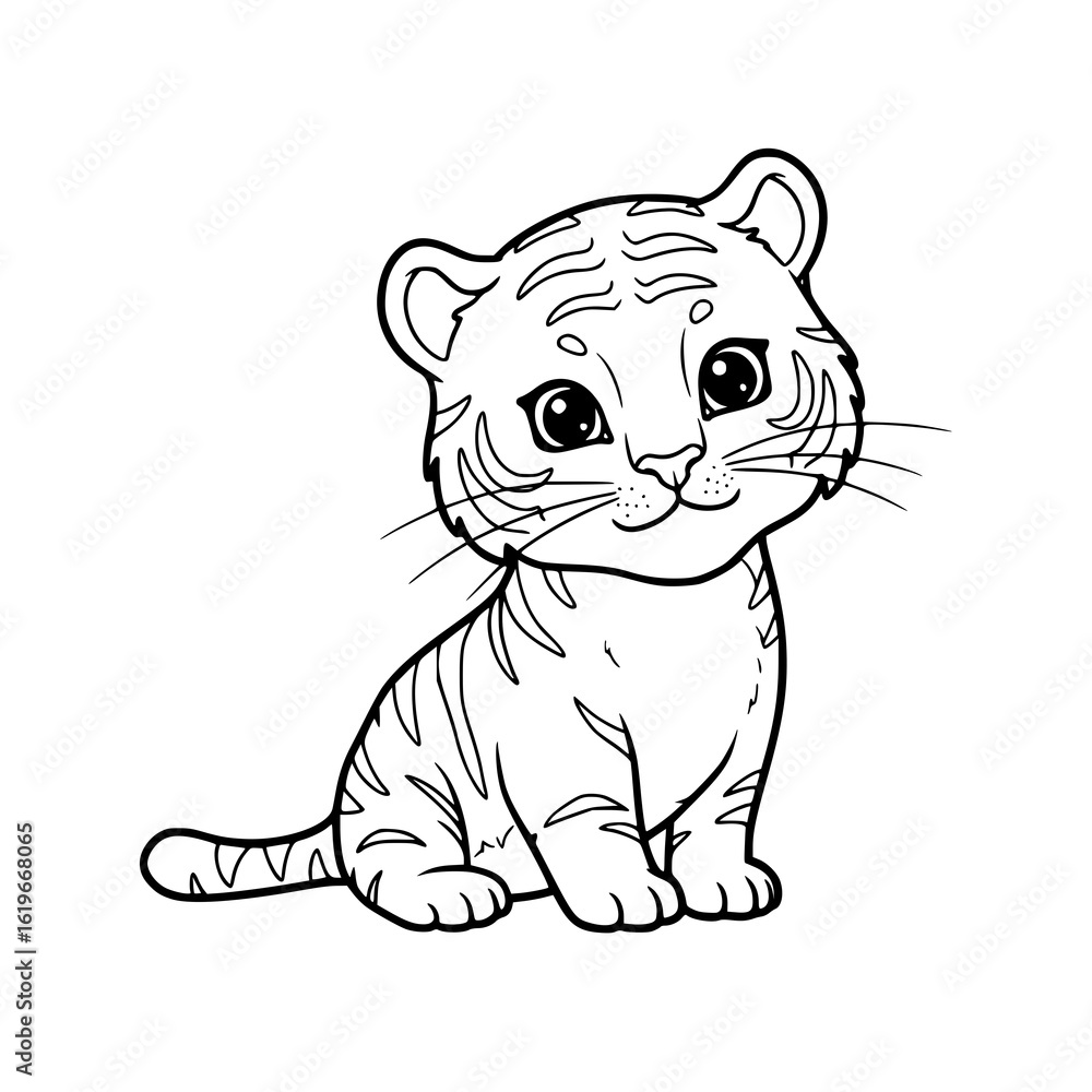 Fototapeta premium Cute tiger cub sits looking forward with big eyes