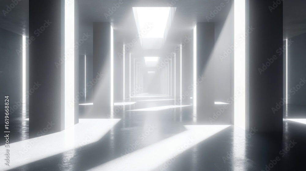 Fototapeta premium Empty, bright, modern, light-filled hallway with pillars, illuminated by sunlight.