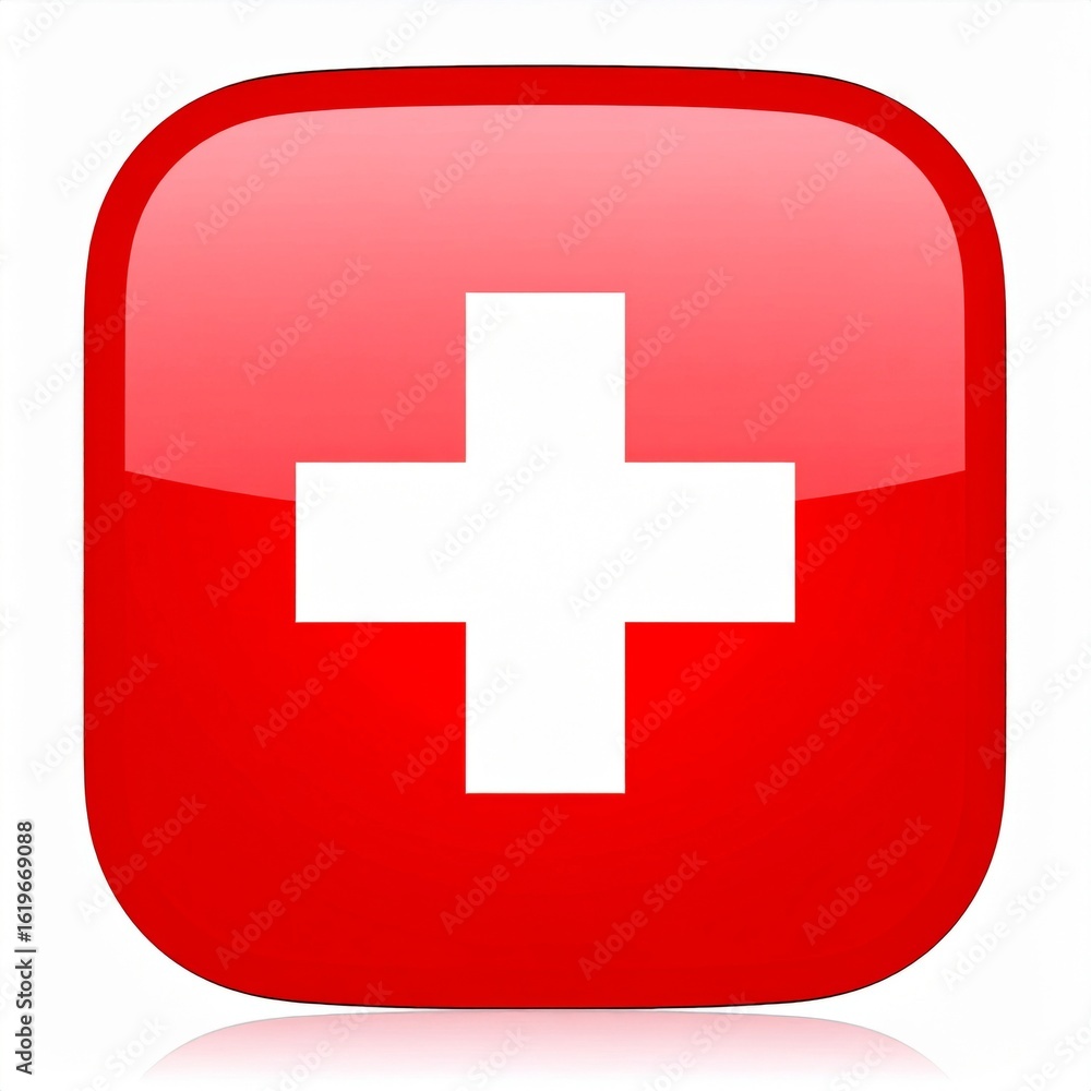 Obraz premium Glossy Red Square with White Cross Symbol for Health and Aid on White Background
